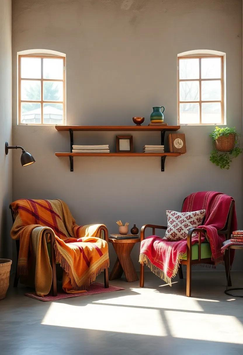 Sunlit Nooks Enhanced by Colorful Throw Blankets Draped Over Vintage Armchairs and Rustic Shelves