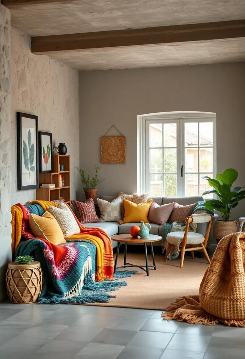 Layered Textures of Woven Throw Blankets Enriching a Quirky Reading Nook with Plush Seating