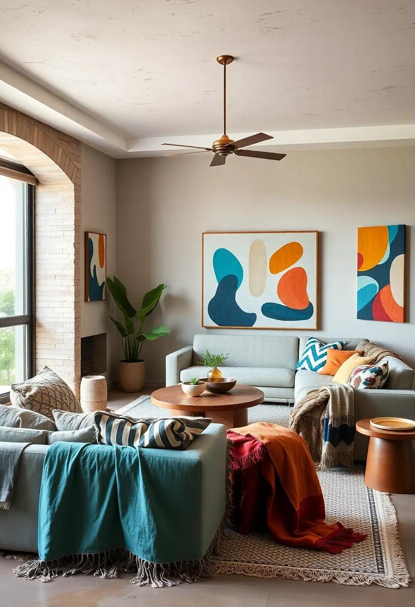 Midcentury Modern Rooms Accentuated by Geometric Throw Blankets Intertwining Colors and Forms