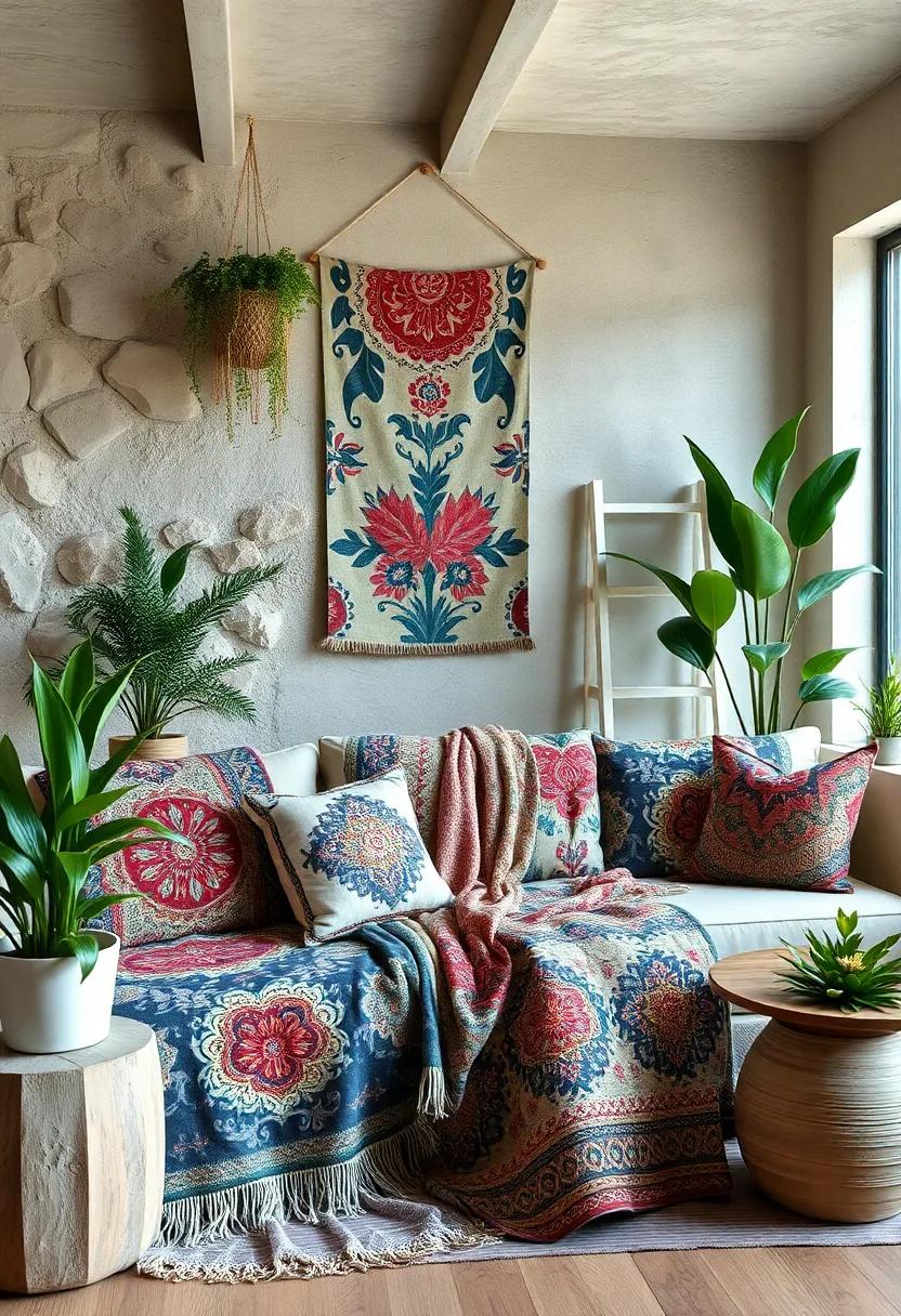 Cozy Corners Blending Intricate Print Throw Blankets with Natural Wood and Houseplants for Earthy Elegance