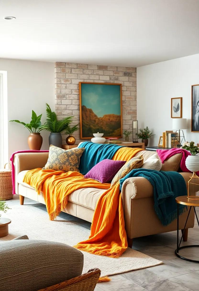 Vivid Throw Blankets Cascading Over Curved Vintage Sofas, Elevating Whimsical and Cozy Atmospheres