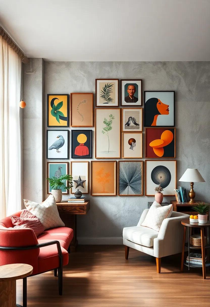 Vibrant Mix of Vintage Art and Modern Prints Creating a Dynamic Gallery Wall for a Home Office Space