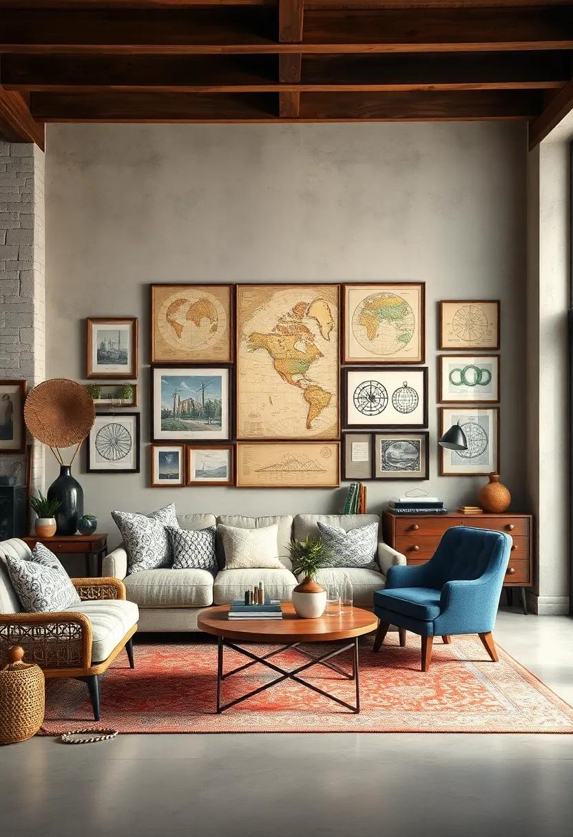Eclectic Gallery Wall Featuring Hand-Drawn Maps and Vintage Scientific Illustrations to Foster Exploration