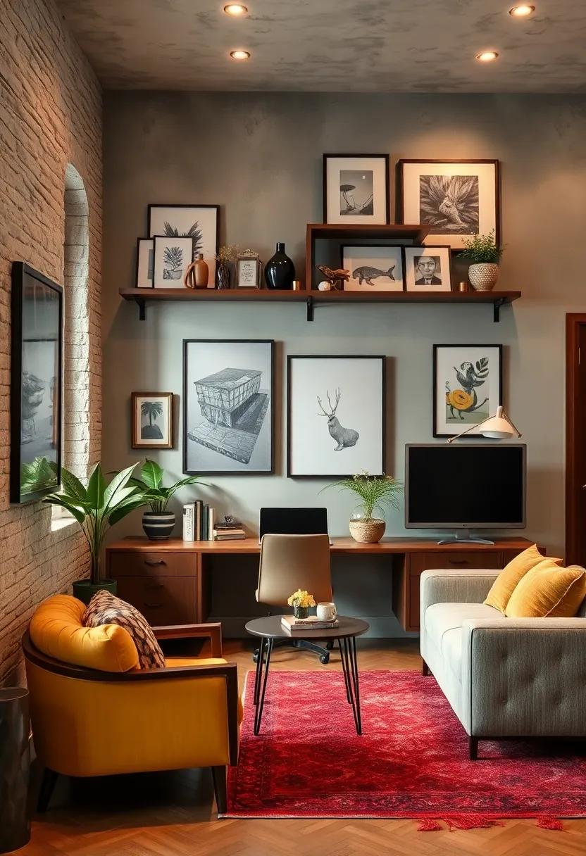 Eclectic Wall Mounted Shelves Interspersed with Framed Art Creating Dimension and Practical Storage