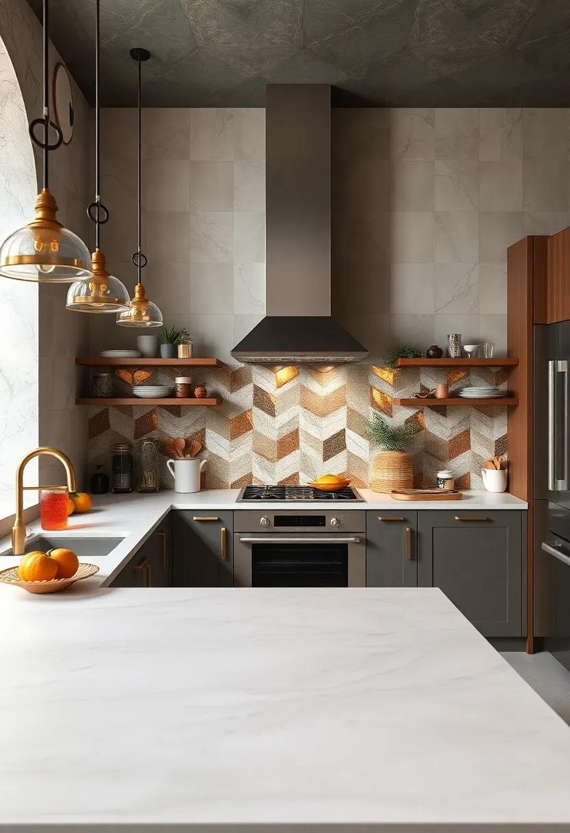 Metallic Gold And Copper Accents Highlighted In Tile Designs To Add Glamour To Eclectic Kitchens