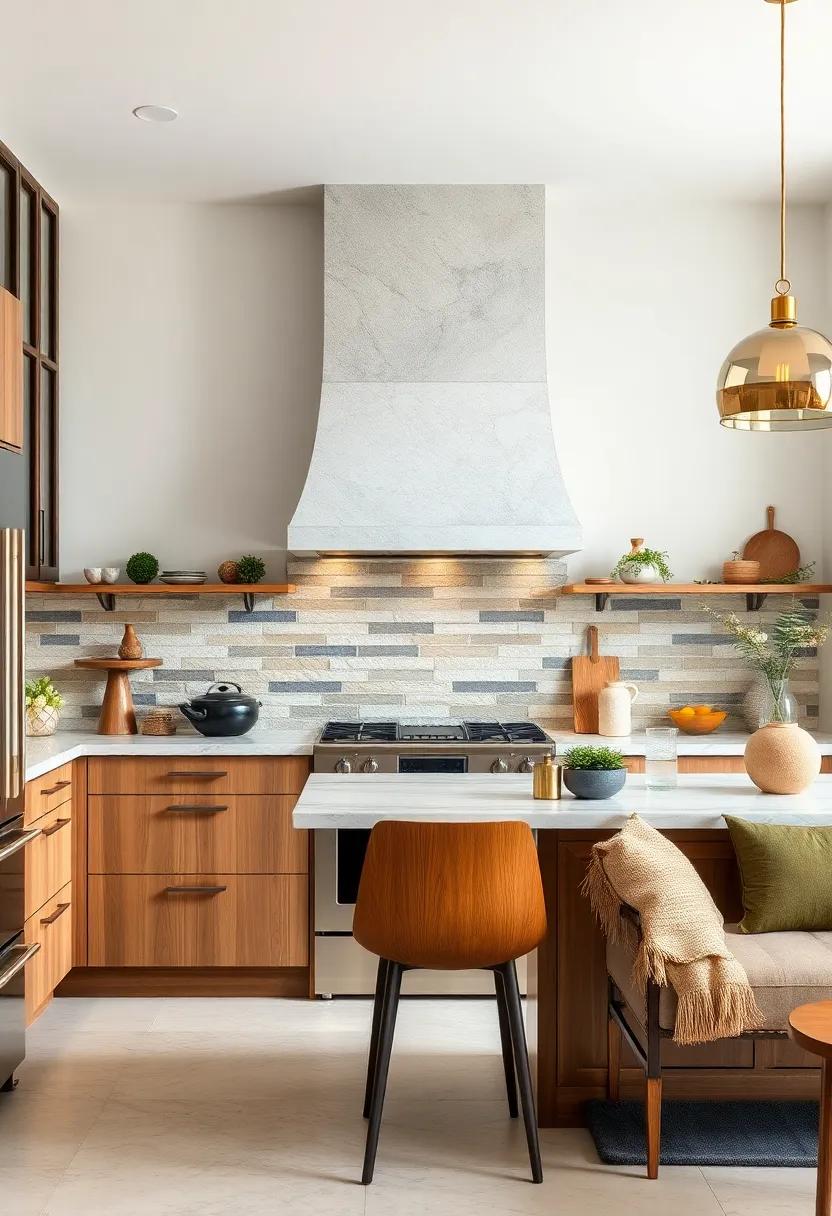 Mixing Natural Stone And Metallic Elements For A Bold And Textured Eclectic Kitchen Backsplash
