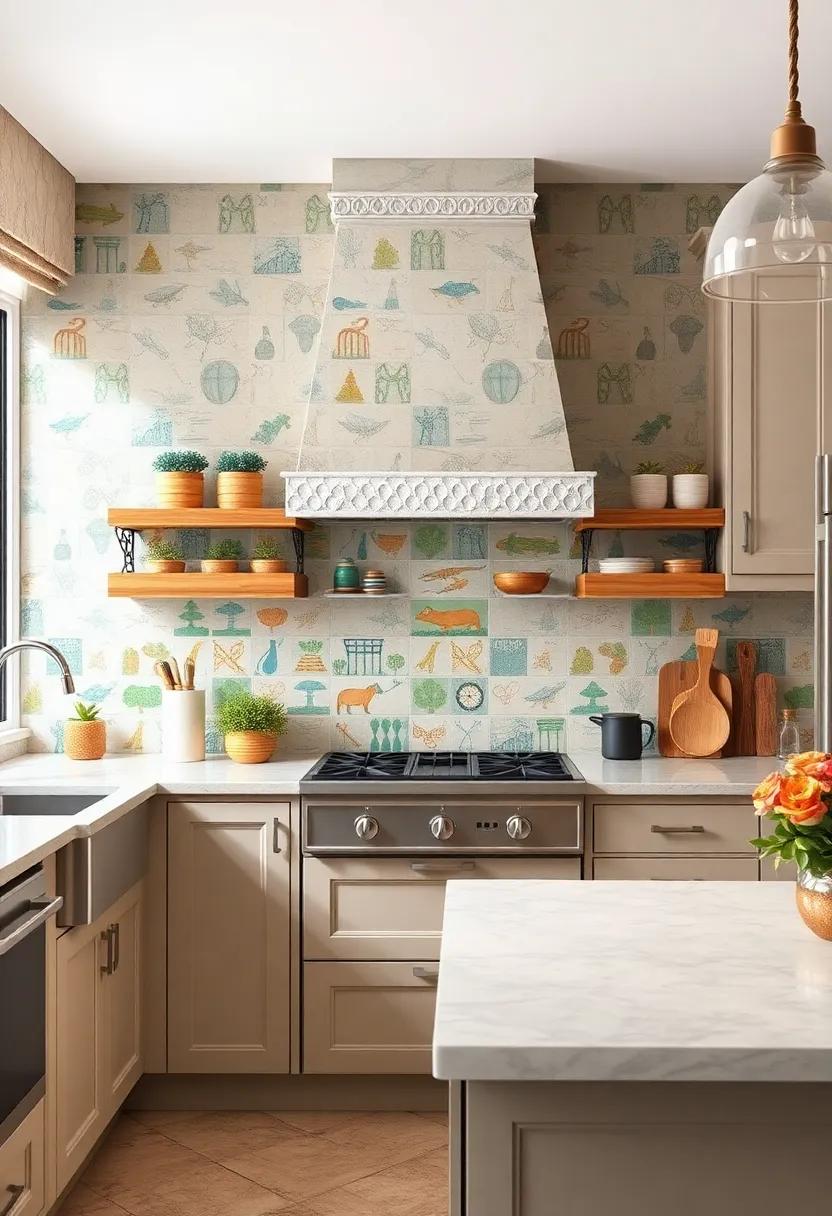 Whimsical Illustrative Tiles Featuring Playful Imagery As Focal Points In Eclectic Kitchen Backsplashes