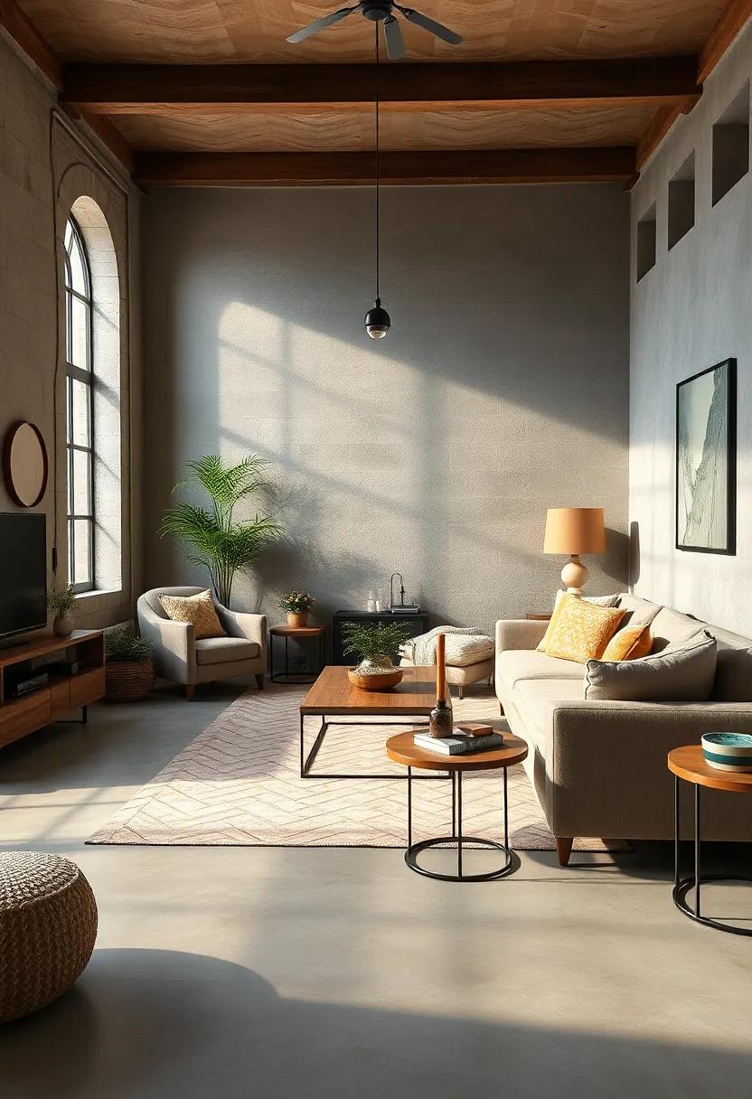 Eclectic Living Room Layouts Featuring Cozy Textures Juxtaposed with Raw Industrial Materials