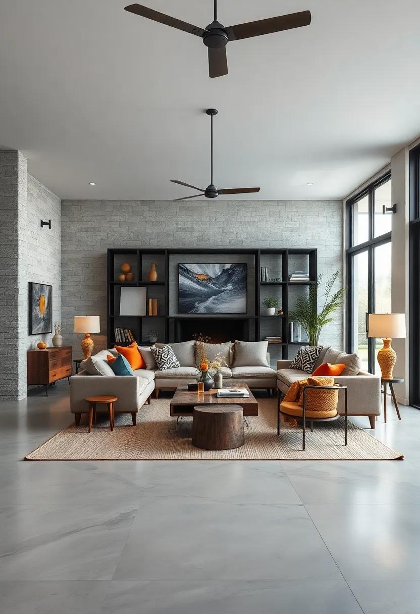 Rough Concrete Accent Walls Paired with Vibrantly Patterned Upholstery for Visual Contrast