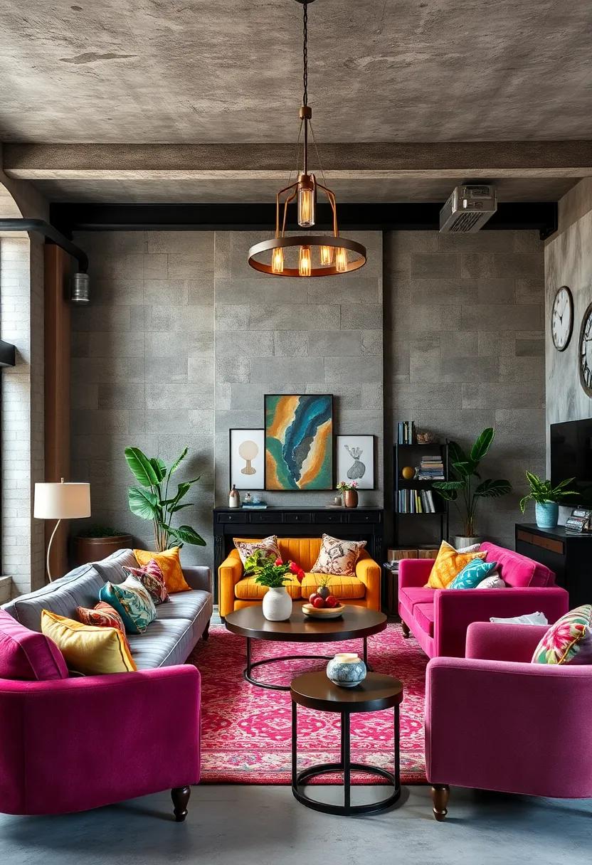 Statement Industrial Chandeliers Complementing Multicolored Eclectic Furnishings