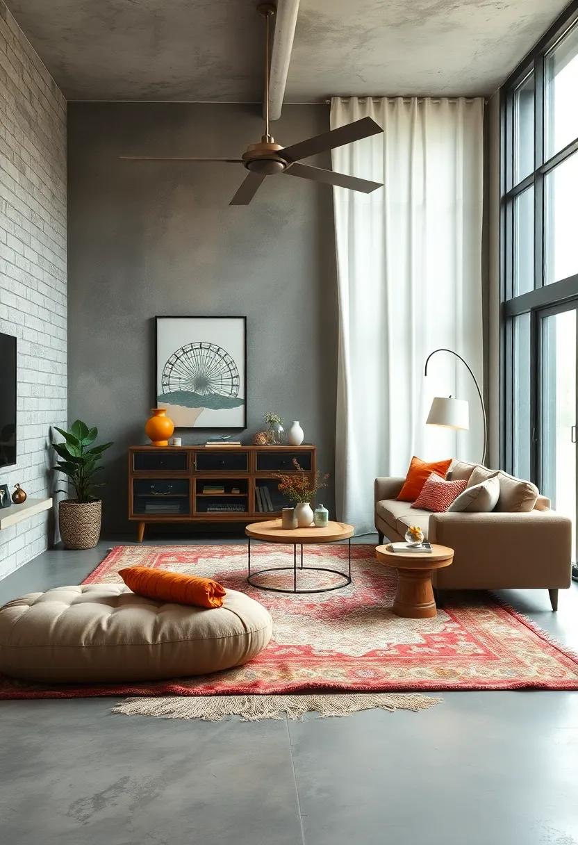 Contrasting Soft, Plush Rugs with Concrete Floors for a Balanced Eclectic Aesthetic
