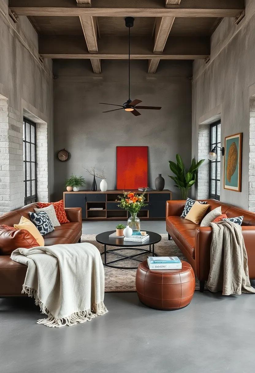 Textural Contrast Between Worn Leather and Soft Cotton Throw Blankets in Lounge Areas