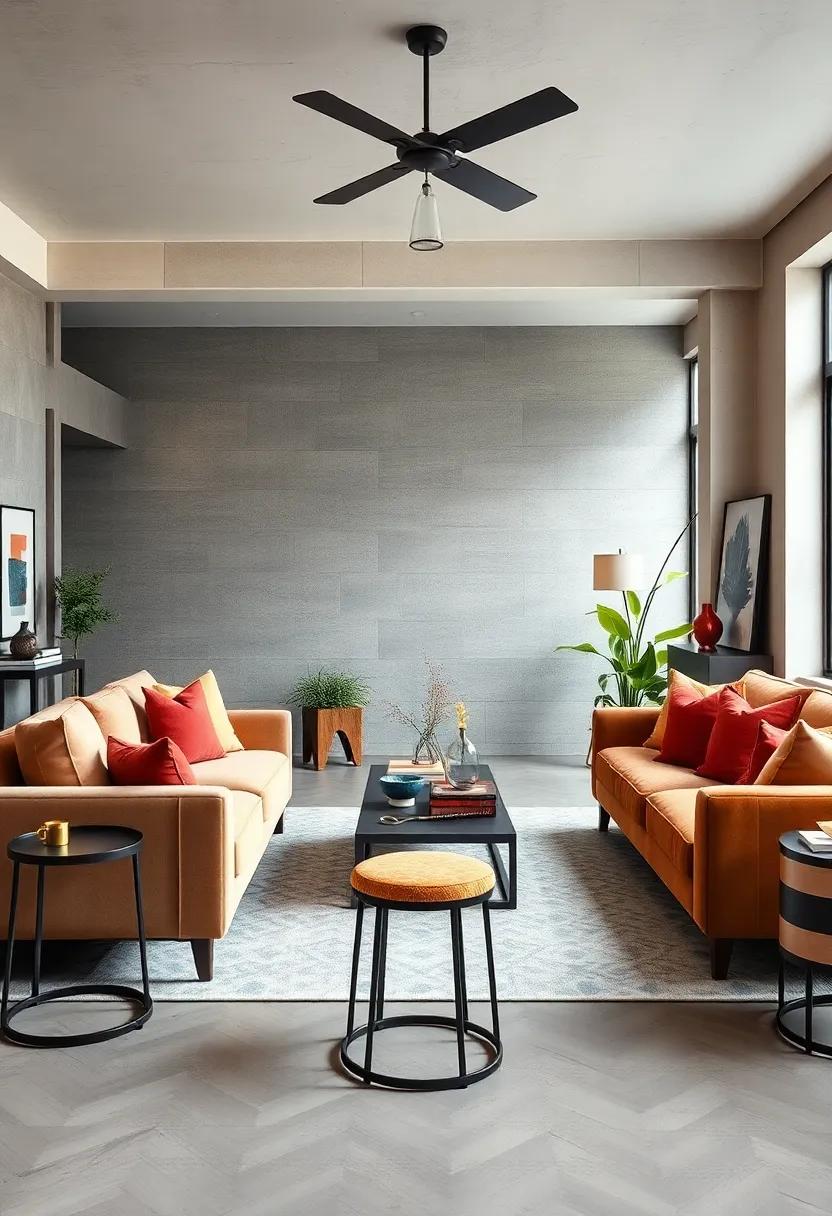 Juxtaposition of Minimalist Metal Stools with Plush Velvet Seating for Inviting Spaces