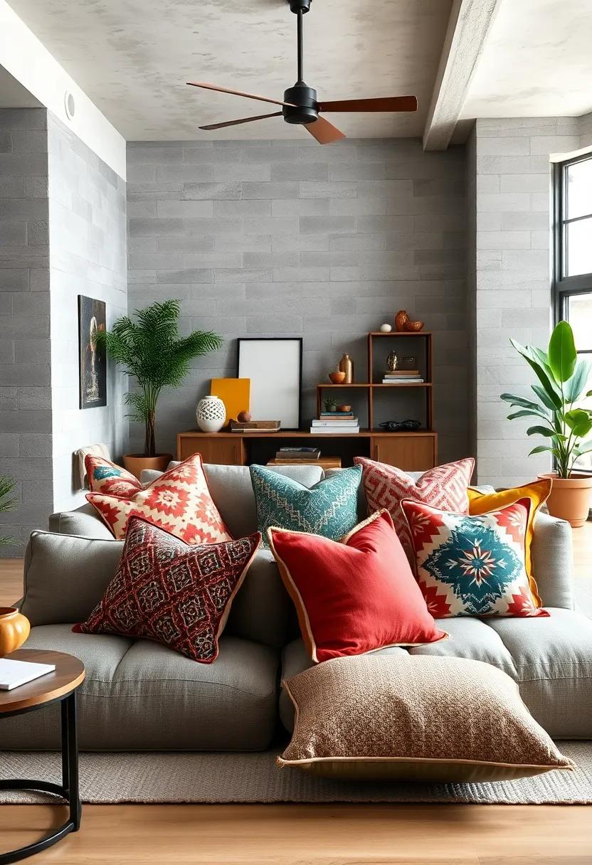 Layered Throw Pillows in Bold Patterns Against Minimalist Industrial Backdrops