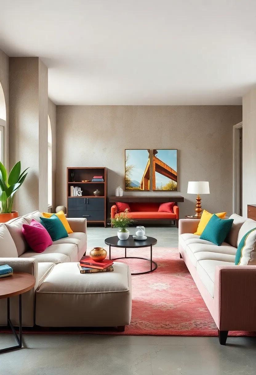 Blending Bright Upholstery Colors With Neutral Furnishings To Create Eye-Catching And Balanced Spaces