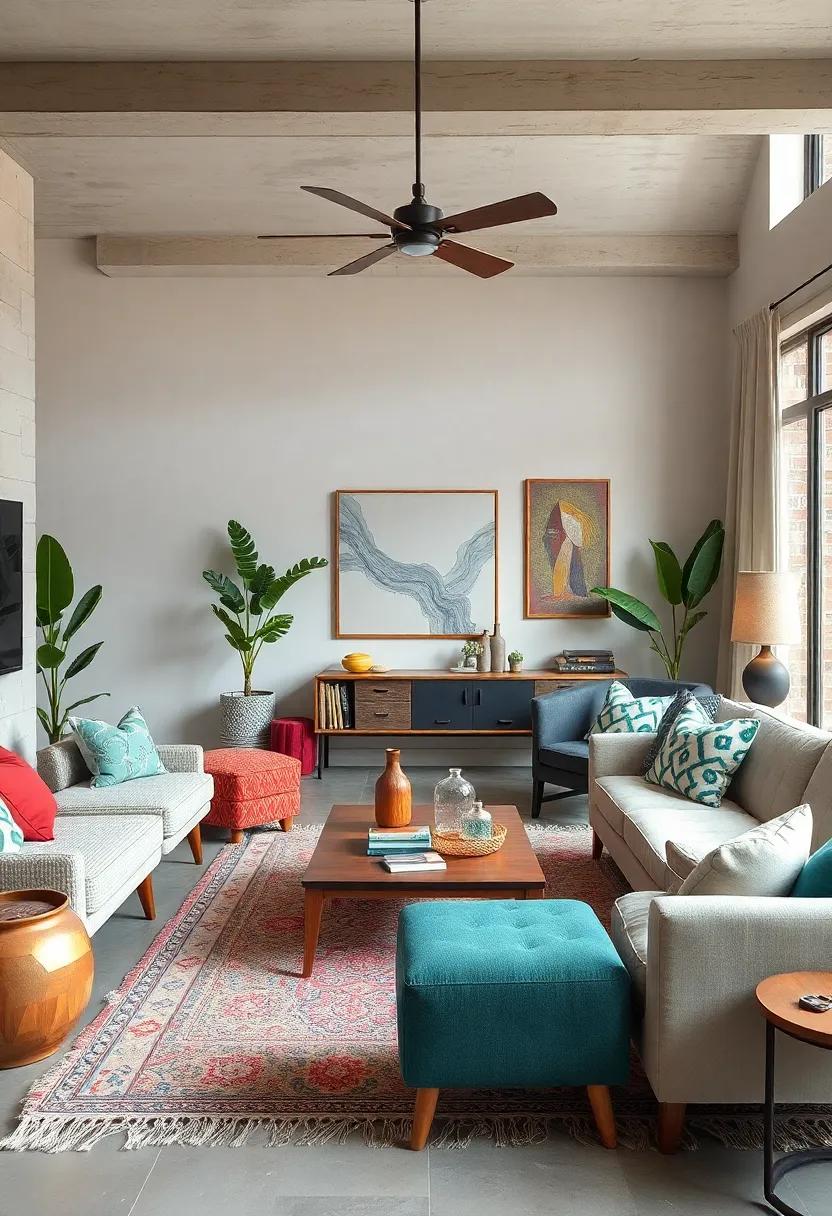 Combining Mid-Century Modern Pieces With Bohemian Fabrics For A Playful Yet Cohesive Living Area