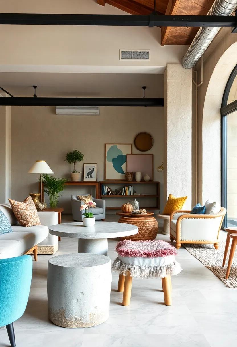 Contrasting Raw Concrete Tables With Plush Boho-Inspired Stools To Create Textural Depth And Artistic Flair