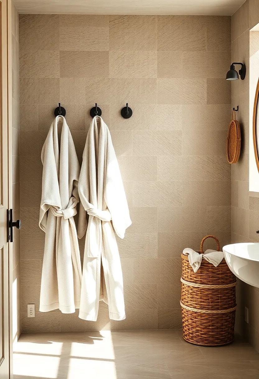Antique Metal Hooks Displaying Flannel Robes and Woven Baskets in a Sunlit Rustic Bathroom Corner