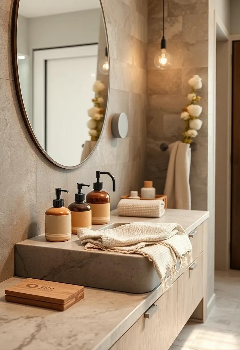 Ceramic Soap Dispensers in Earthy Tones Paired with Handwoven Cotton Washcloths on a Stone Sink