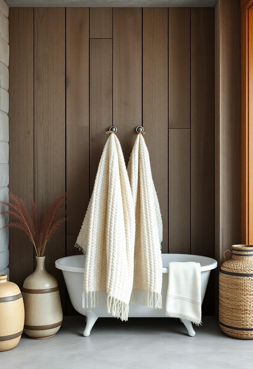 Chunky Knit Cotton Towels Hanging from Simple Twine Loops Against Weathered Barn Wood Walls