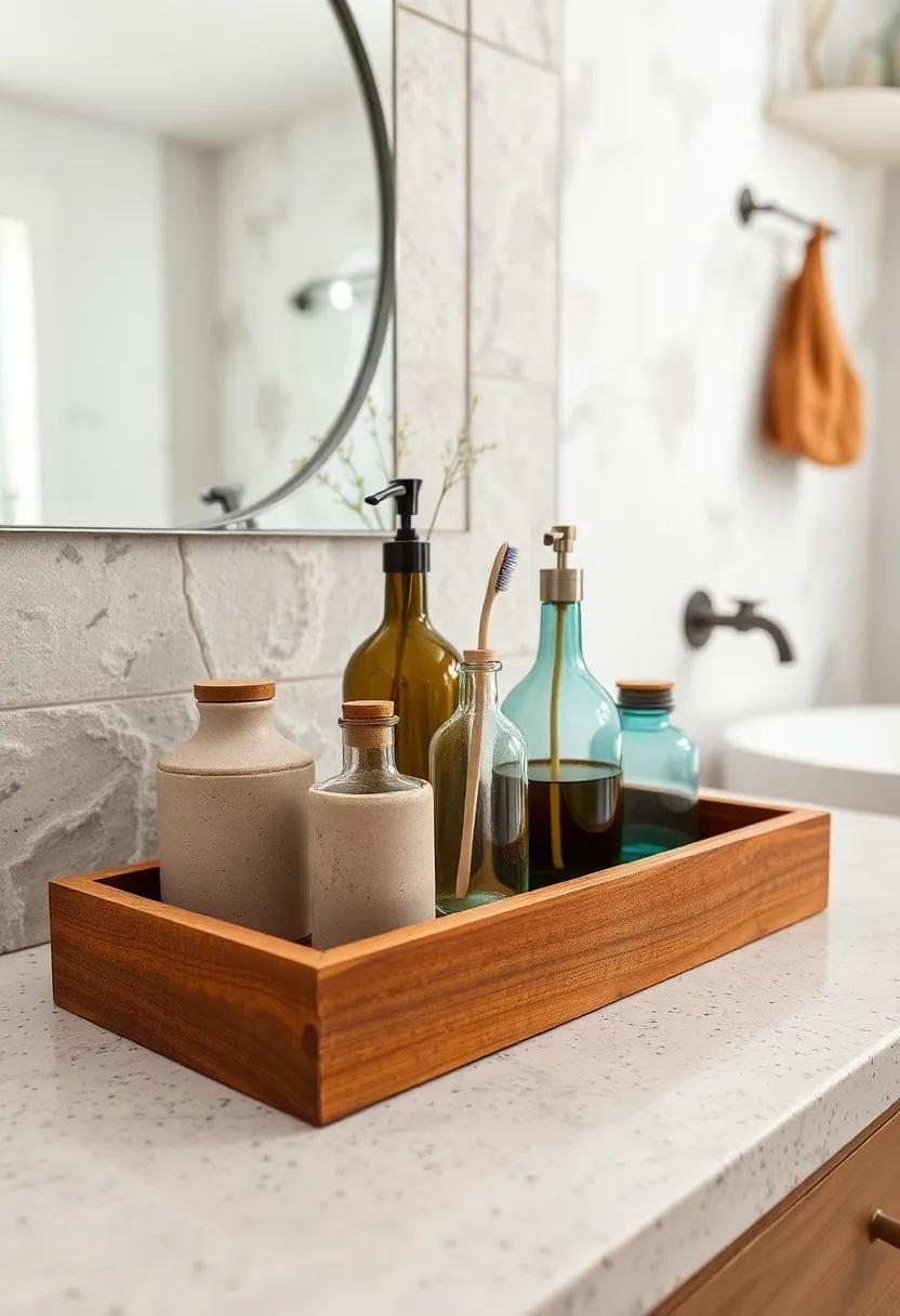Clay Toothbrush Holders and Recycled Glass Bottles Arranged on a Handcrafted Wooden Tray