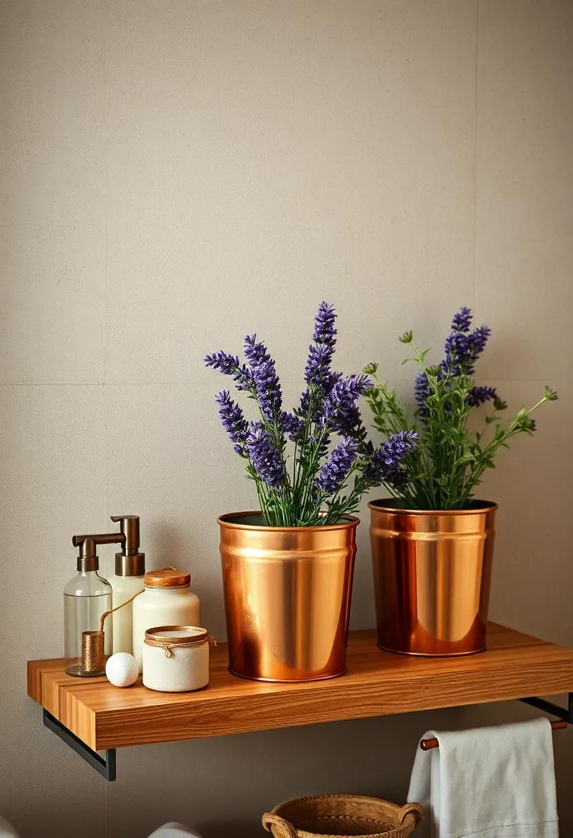 Copper Pails Filled with Freshly Picked Lavender and Eucalyptus Sprigs on Rustic Shelving