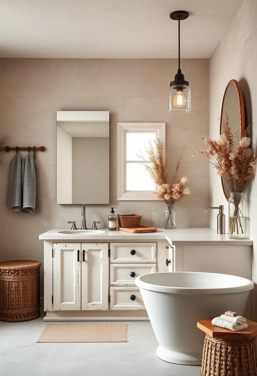 Distressed Whitewashed Cabinets Adorned with Mason Jar Light Fixtures and Dried Floral Arrangements