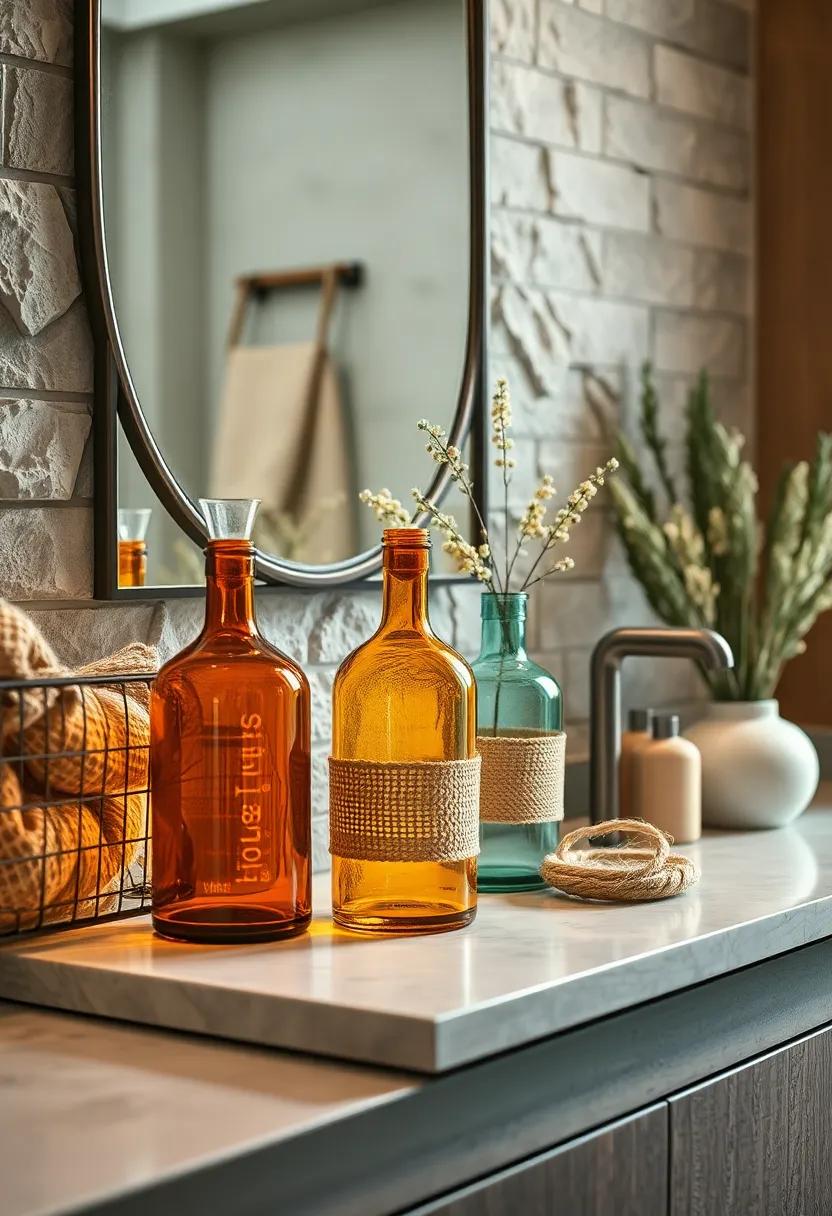 Hand-Blown Glass Bottles in Warm Amber and Sea Green Nestled Among Burlap and Twine Accents