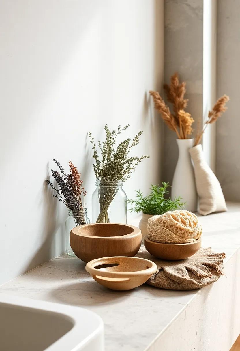 Hand-Carved Soap Dishes and Natural Loofahs Resting on Stone Sills Next to Bouquets of Dried Herbs