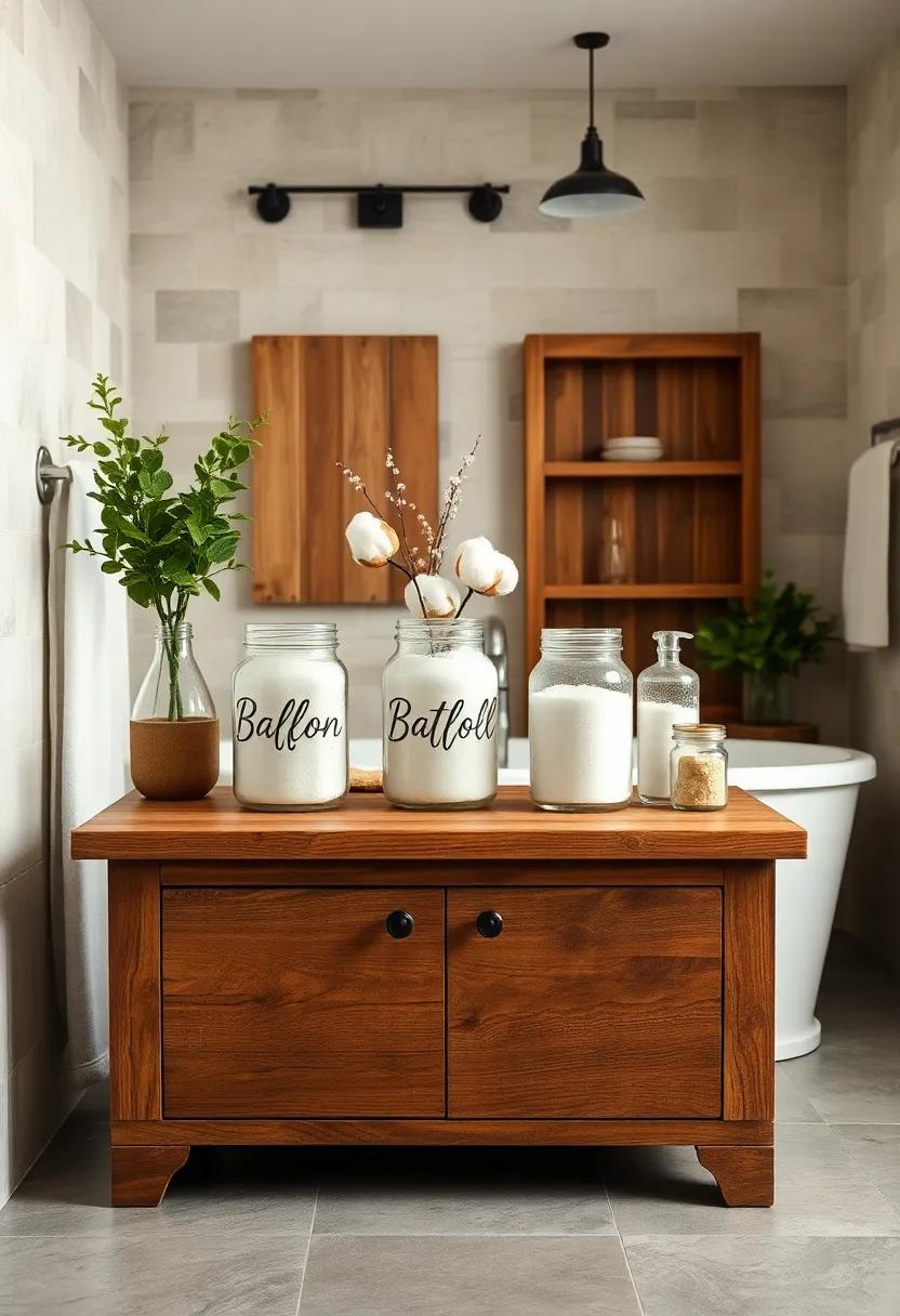 Hand-Painted Mason Jars Holding Cotton Balls and Bath Salts on a Reclaimed Wood Storage Table