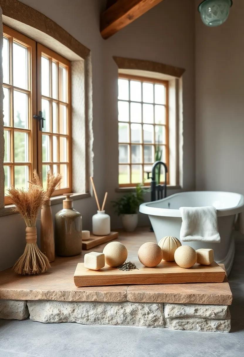 Natural Bristled Brushes and Herbal Bath Bombs Arranged on Sturdy Wooden Ledges Beneath Barn Sash Windows