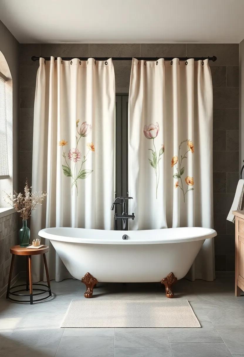 Natural Linen Shower Curtains with Botanical Prints Gracefully Framing a Freestanding Farmhouse Tub