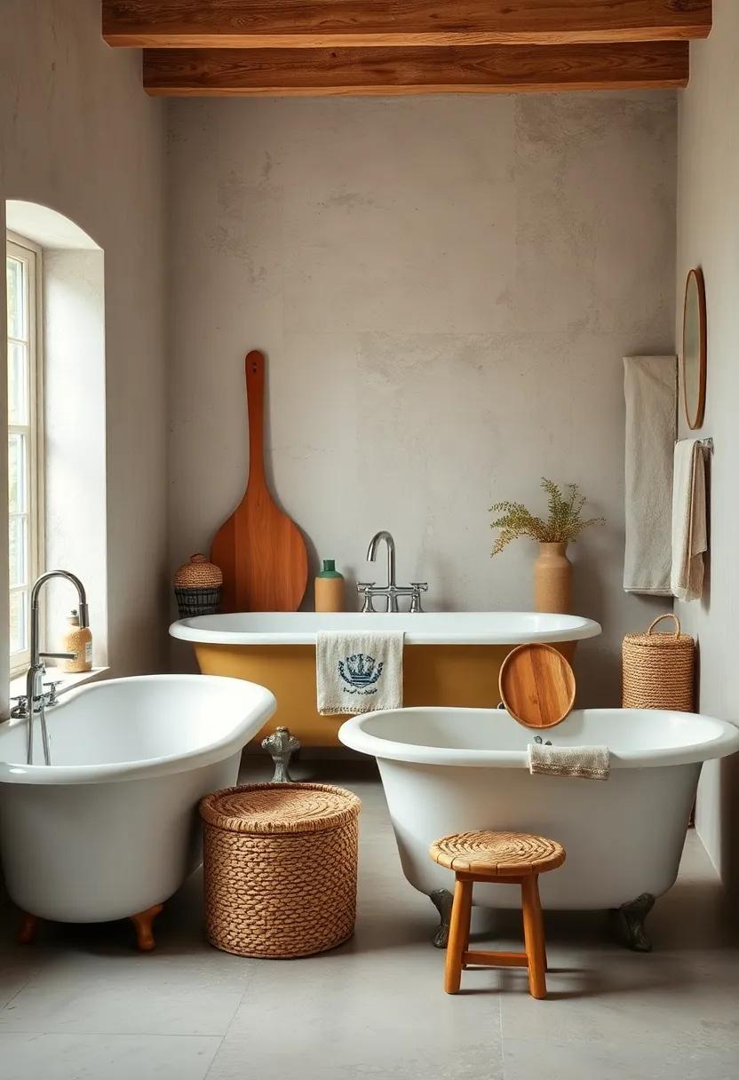 Old-Fashioned Enamel Bathtubs Surrounded by Rustic Wooden Stool Seating with Handwoven Baskets