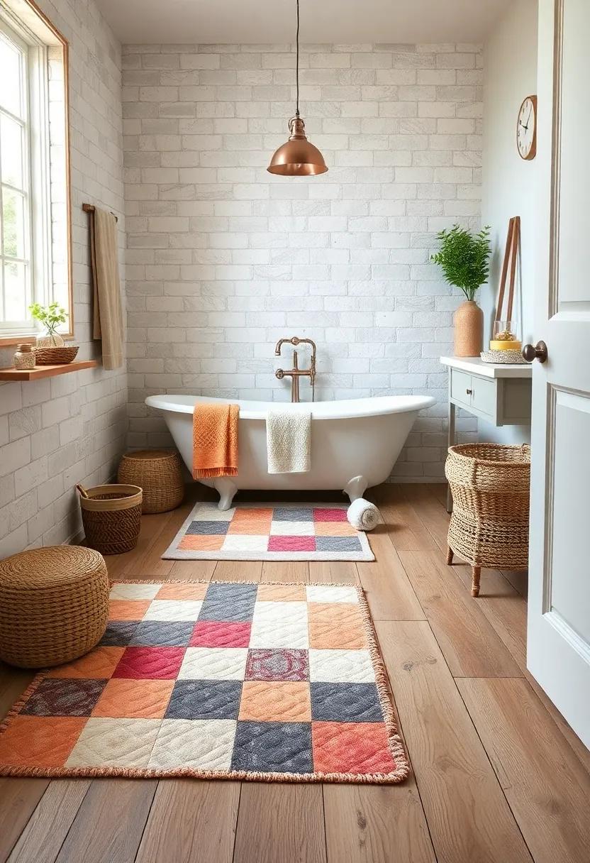 Patchwork Quilted Rugs Layering Soft Texture over Worn Wood Floorboards in a Farmhouse Bath