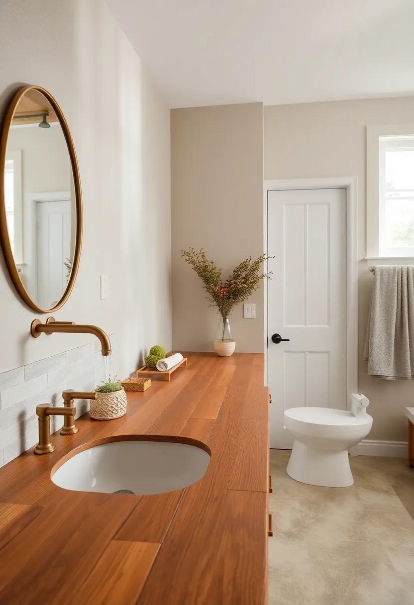 Patina Brass Fixtures Complementing Weathered Wood Countertops and Natural Stone Accents