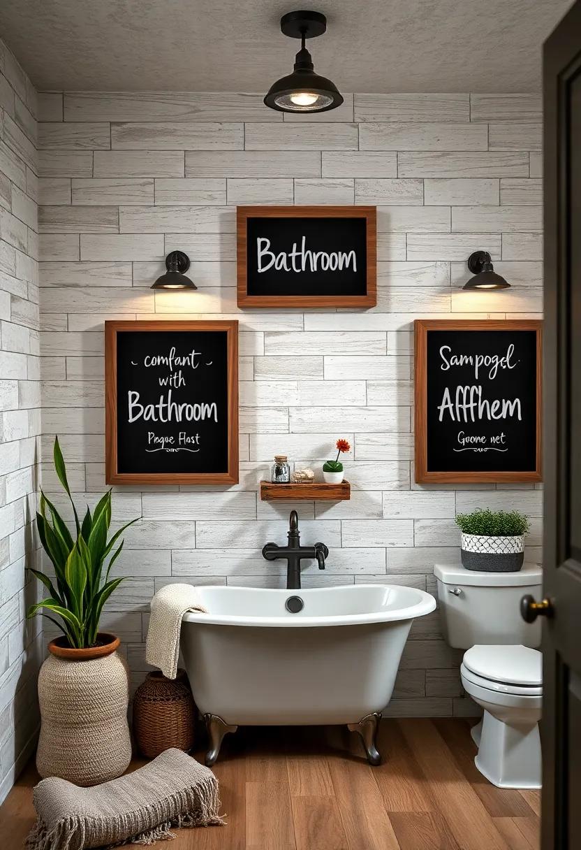 Reclaimed Wood Framed Chalkboard Signs with Rustic Bathroom Quotes Mounted on Rough Plank Walls