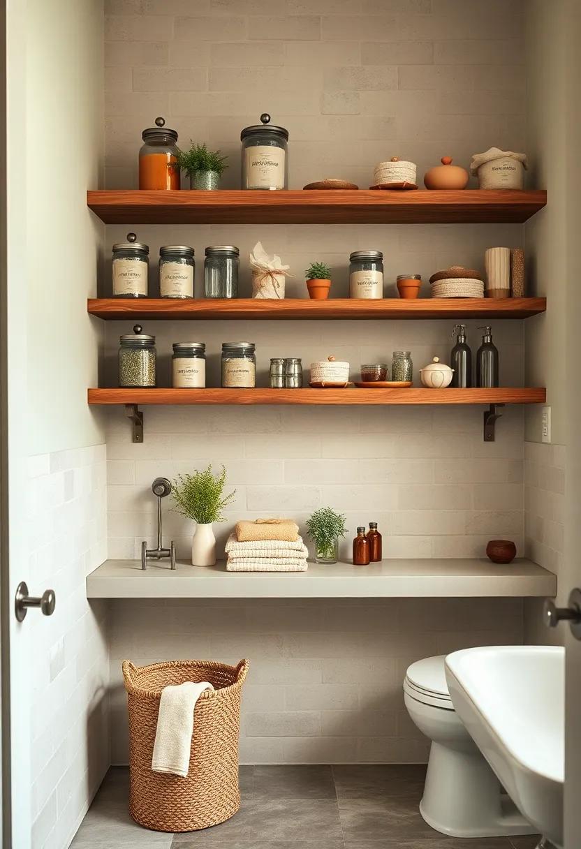 Rustic Wooden Shelves Brimming with Vintage Jars and Herbal Sachets in a Cozy Farmhouse Bathroom