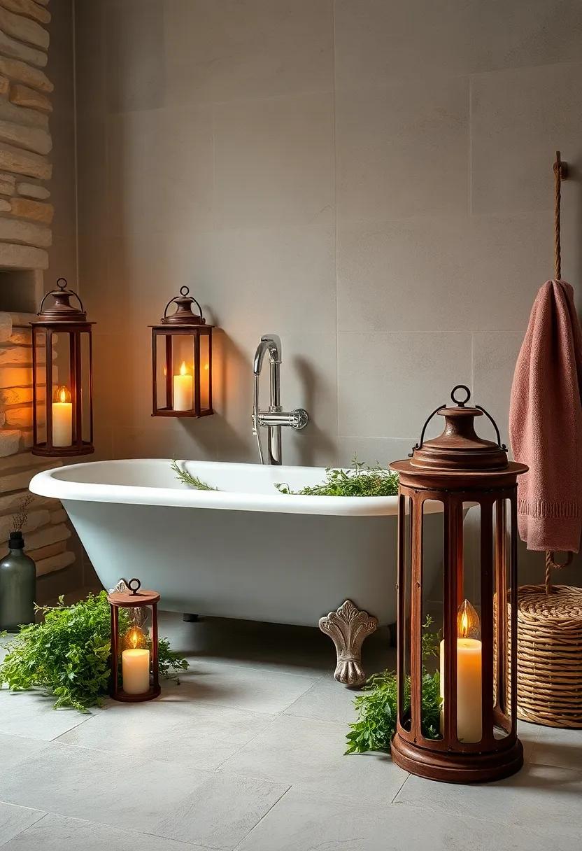 Rusty Metal Lanterns Casting Warm Glow Beside a Clawfoot Tub Surrounded by Fresh Herbs