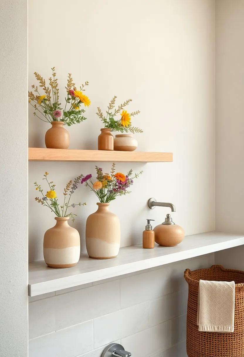 Soft Earth-Toned Pottery Vases Filled with Wildflowers on Open Farmhouse Bathroom Shelves