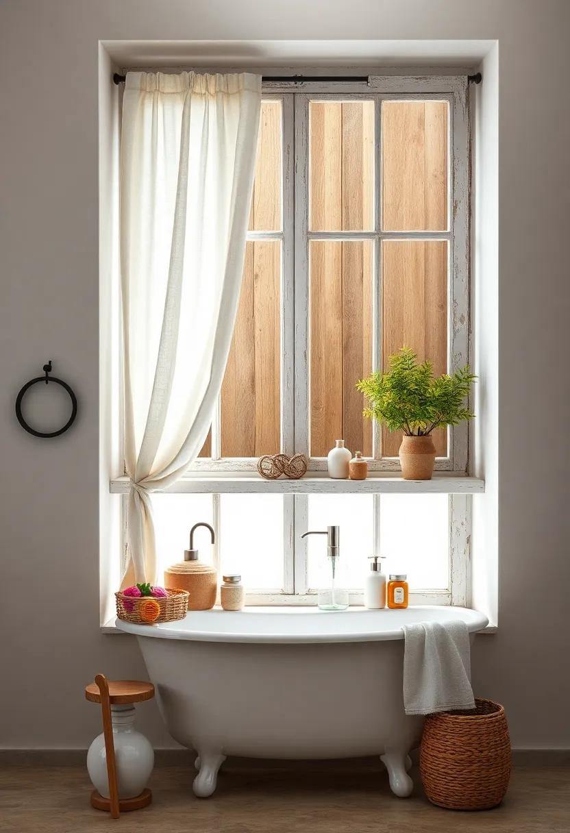 Soft Linen Curtains Softly Draped Over a Distressed Window Frame Highlighting Farmhouse Windowsill Decor