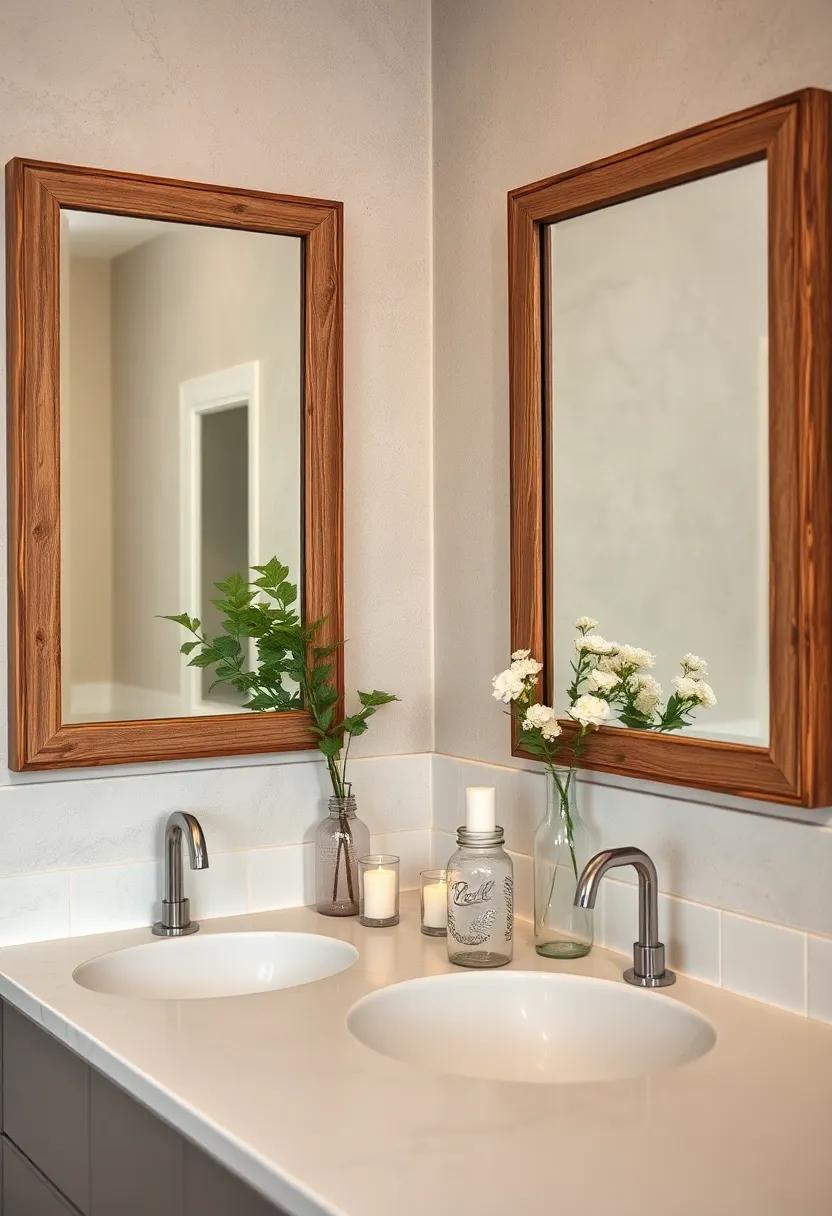 Vintage Mirrors with Distressed Wood Frames Reflecting Soft Candlelight and Mason Jar Vases