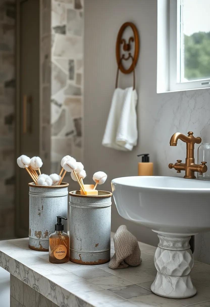 Weathered Tin Containers Overflowing with Cotton Swabs and Handmade Soaps Near a Vintage Washbasin