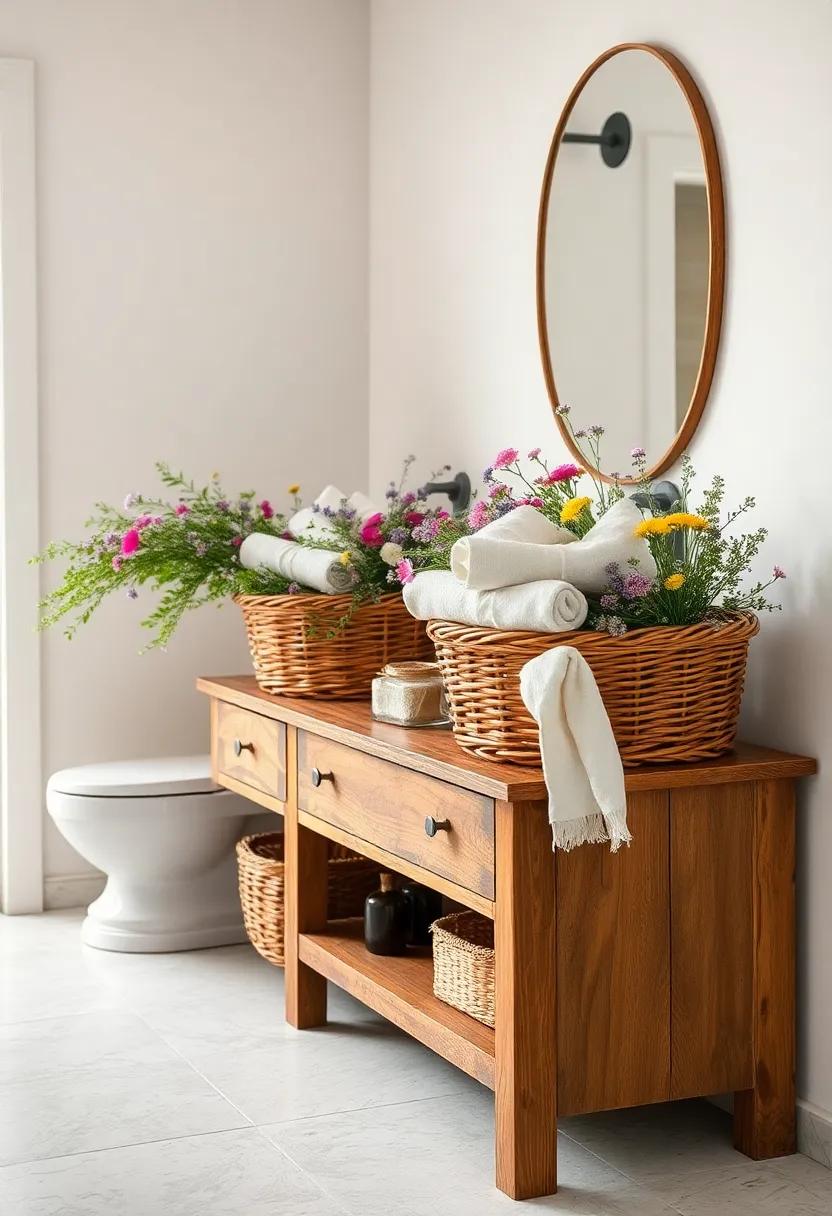 Wicker Baskets Overflowing with Rolled Linen Towels and Wildflowers on an Aged Wooden Vanity