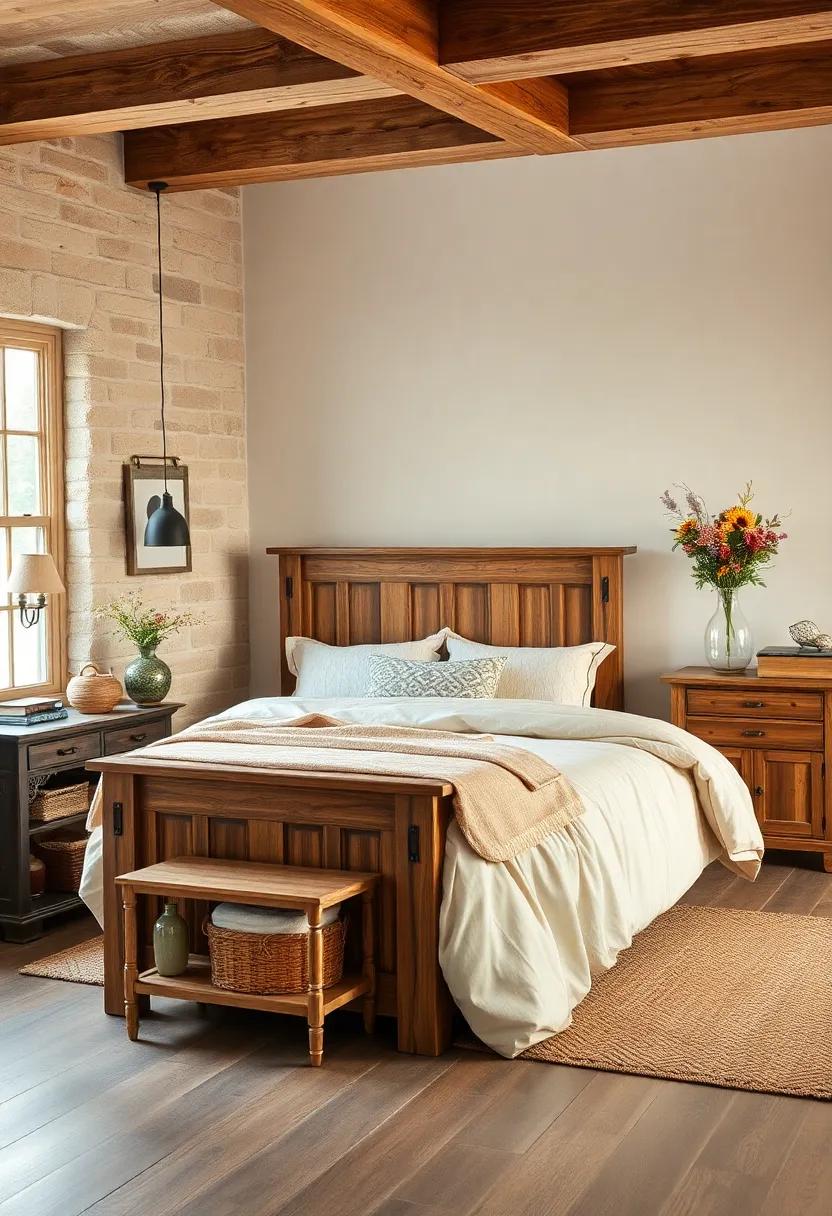 Warm Earthy Tones Combining Soft Linens and Distressed Wood Furniture for a Cozy Farmhouse Bedroom Vibe