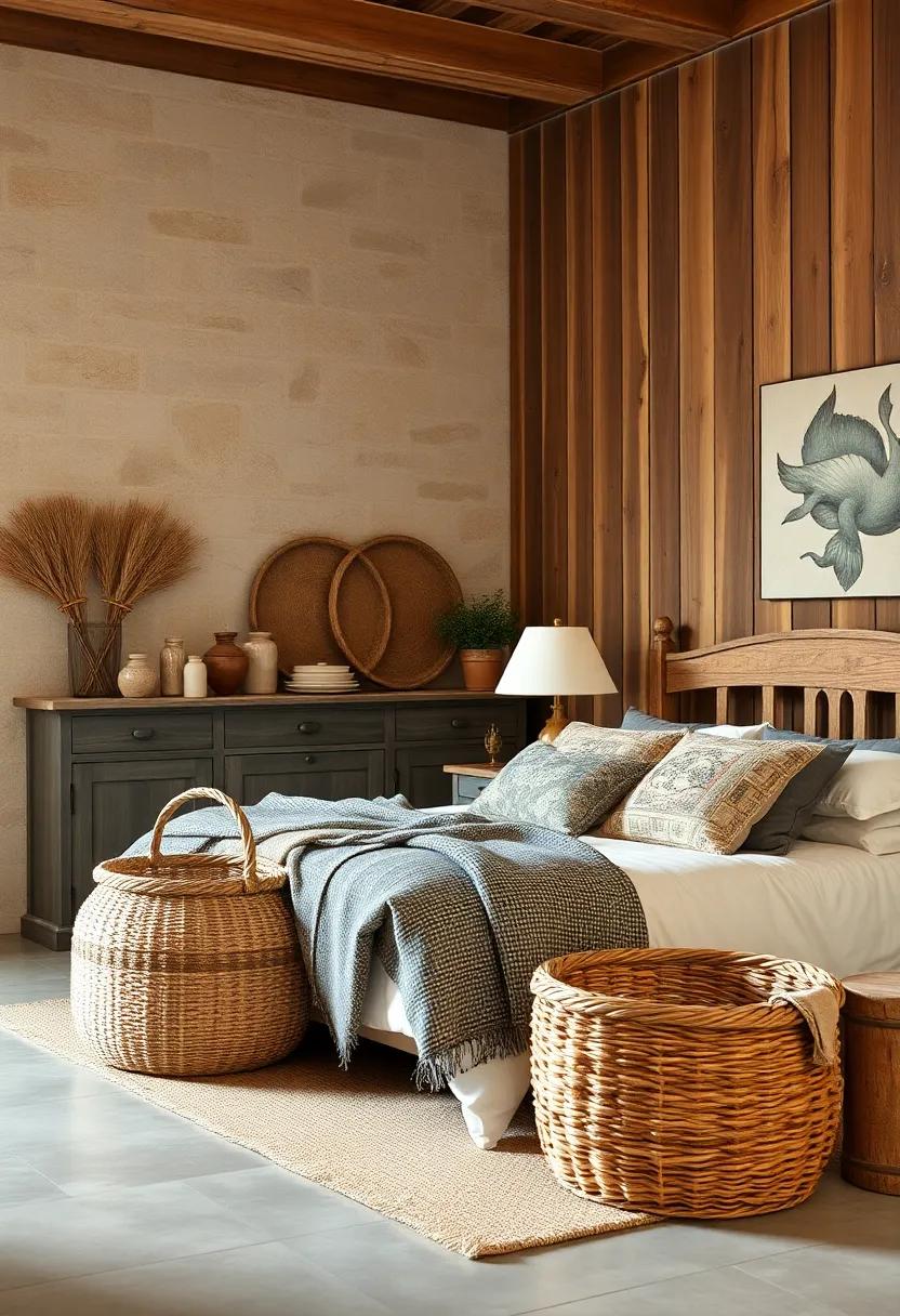 Woven Baskets and Handcrafted Throw Pillows Adding Texture and Comfort to a Cozy Farmhouse Space