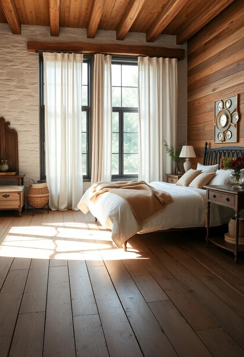 Sunlight Filtering Through Linen Curtains Casting Soft Shadows on Distressed Wooden Floorboards