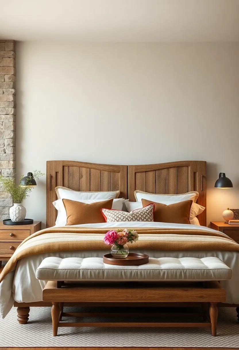Aged Barnwood Headboards with Hand-Carved Details Creating an Inviting Focal Point in the Bedroom