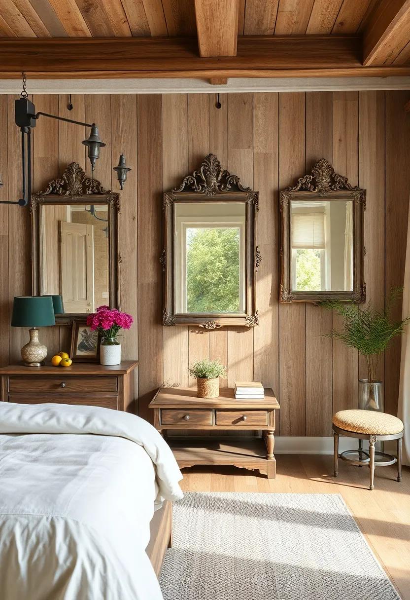 Antique Mirrors with Patina Frames Reflecting Natural Light to Enlarge the Rustic Bedroom Feel