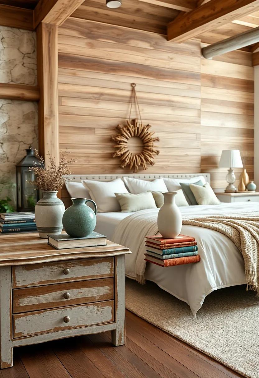 Decorative Ceramic Vases and Antique Books Stacked on Distressed Nightstands for Rustic Storytelling