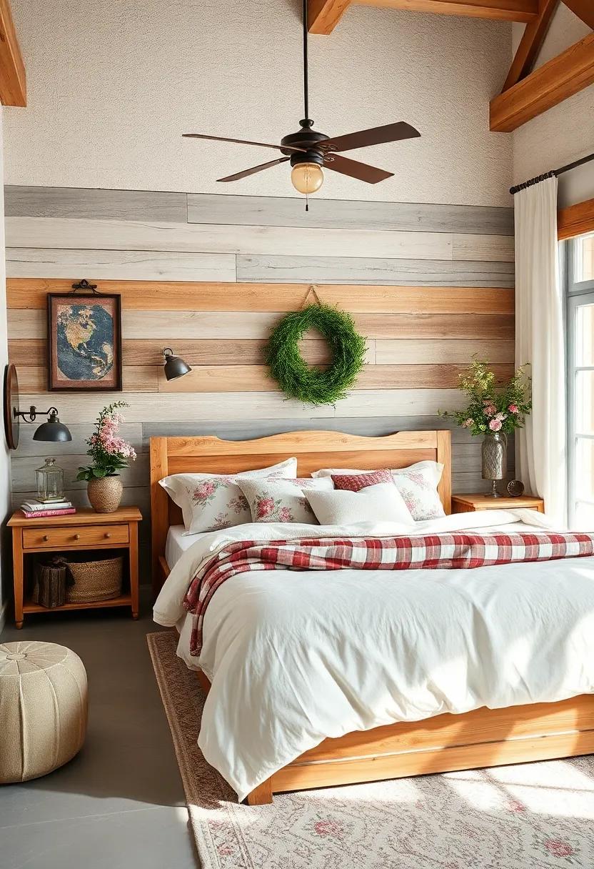 Mixing Shabby Chic Floral Patterns with Rough-Hewn Wooden Bed Frames for a Balanced Vintage Look